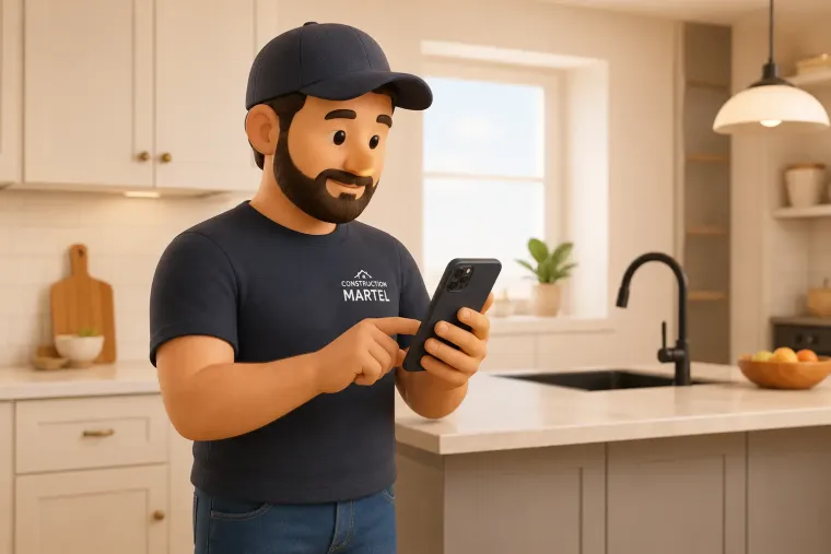 Entrepreneur en cuisine avec son téléphone